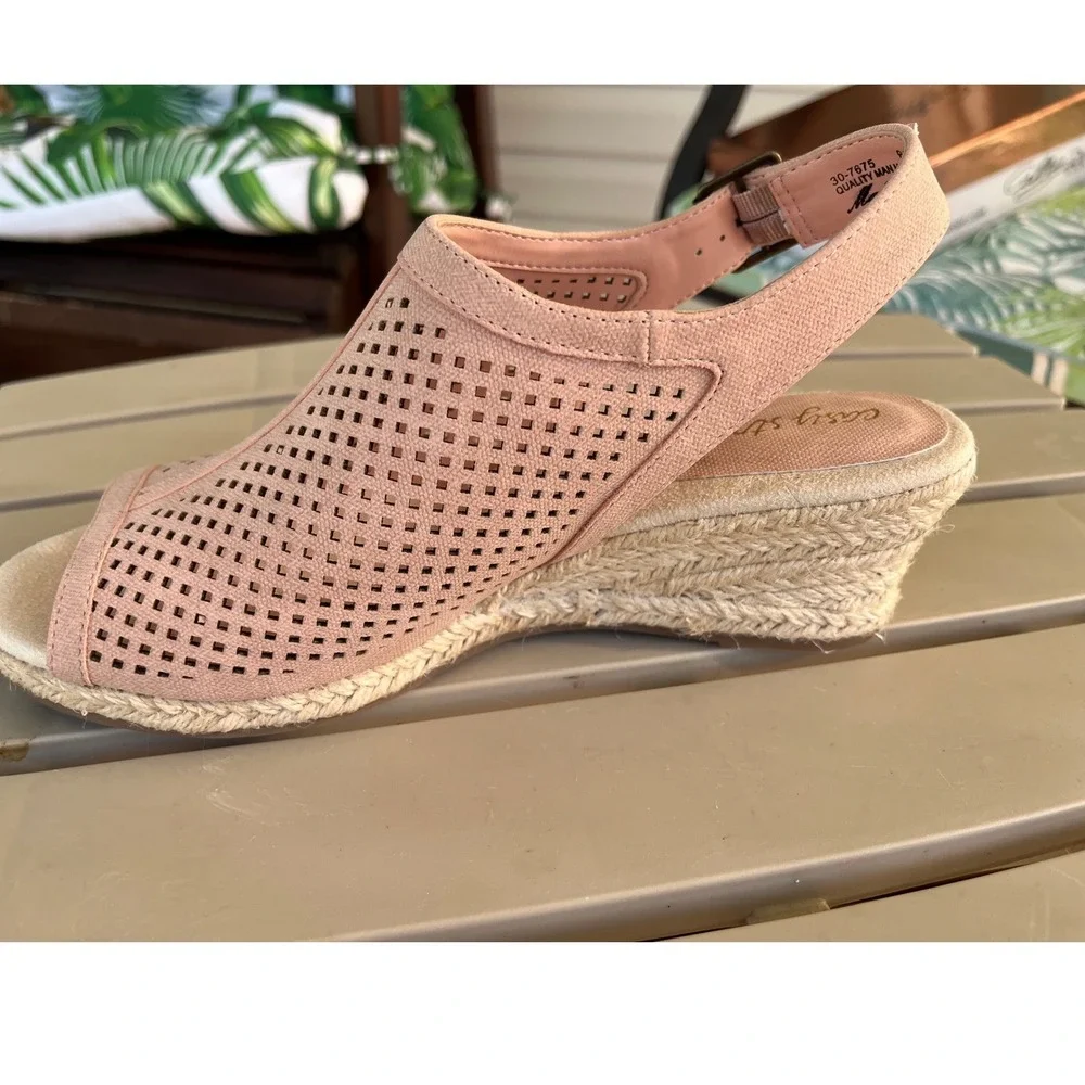 Easy Street Stacy Blush Pink Linen Perforated Wedge Sandals Womens 6.5 W Wide
